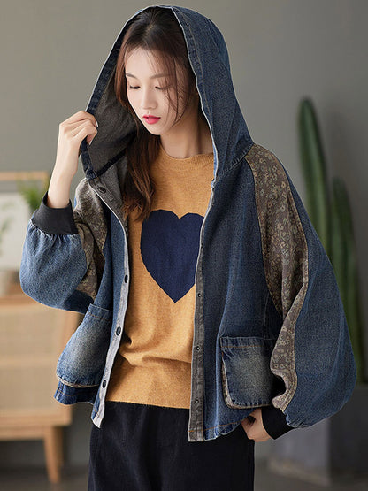 Casual Split-Joint Buttoned Floral Printed Raglan Sleeve Loose Outerwear