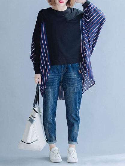 Loose Striped False-two Batwing Sweatshirt