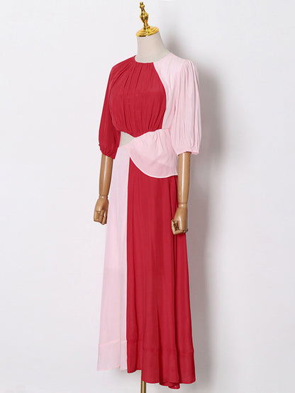 Stylish Contrast Color Split-Joint Round-Neck Raglan Sleeve Maxi Dress