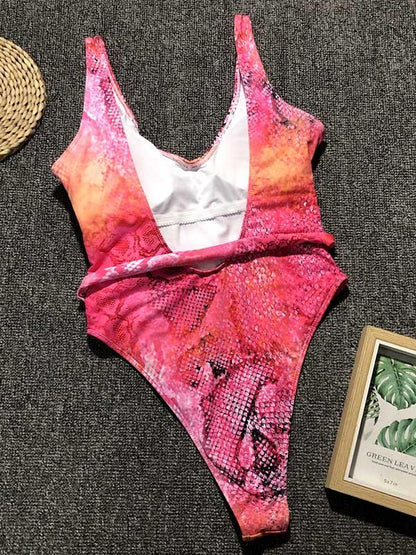 Lace Up Snakeskin Print One Piece Swimsuit