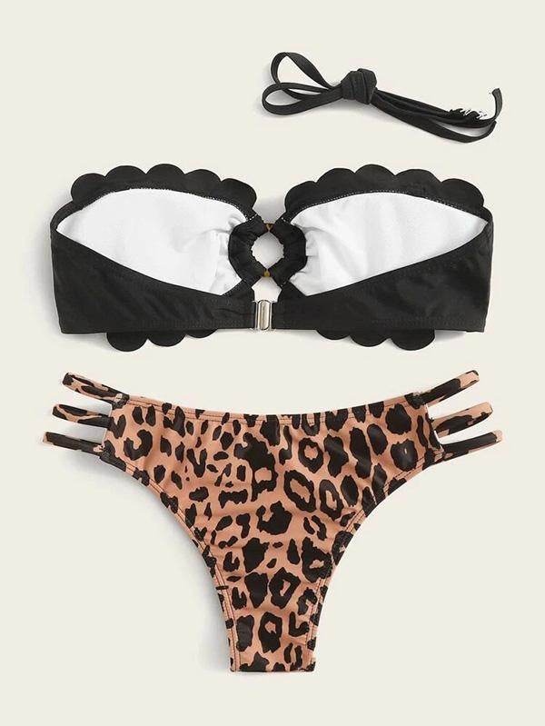 Strapless Hollow Leopard Print Bikini Swimsuit