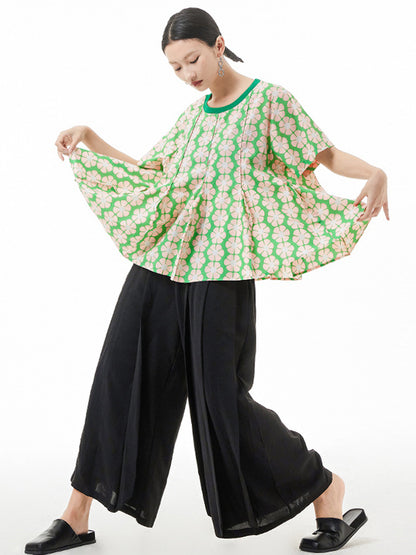 Original Loose Floral Printed Contrast Color Pleated T-Shirt Top