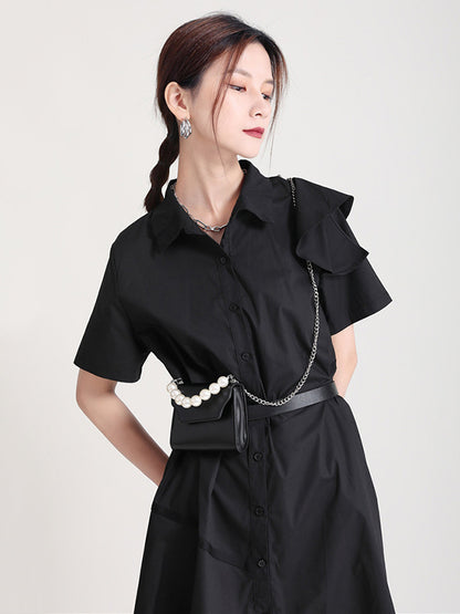 Stylish Irregular Split-Joint Falbala Buttoned Lapel Collar Short Sleeves Midi Dress