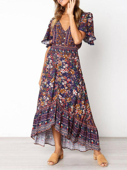Printed Flared Sleeve Bohemian Flowers Maxi Dress