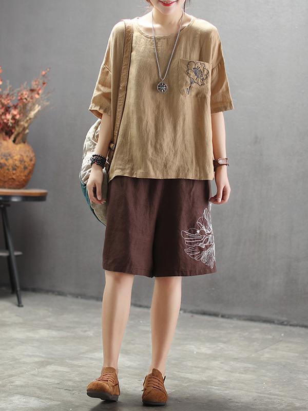 Vintage Embroidered Round-neck Solid T-shirt