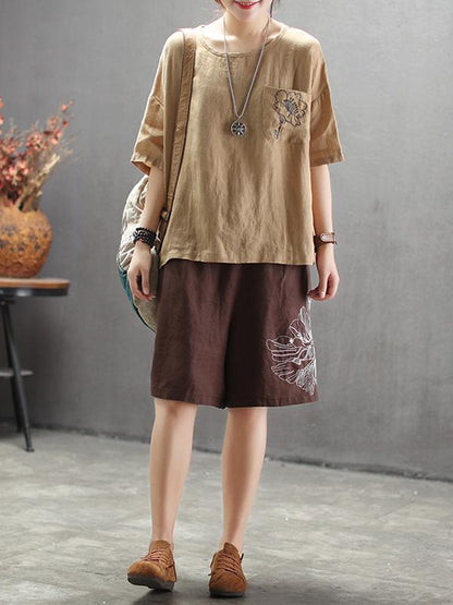 Vintage Embroidered Round-neck Solid T-shirt