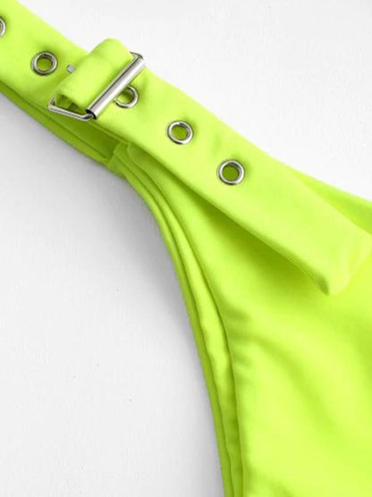 Buckle Plain Bandeau Bikini Swimsuit