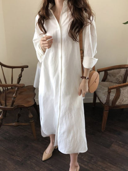 Simple Loose Casual Solid Color Buttoned Split-Side Lapel Collar Long Sleeves Midi Shirt Dress
