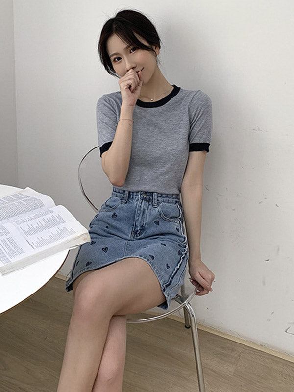 Casual Knitting Round-Neck Contrast Color T-Shirts Tops