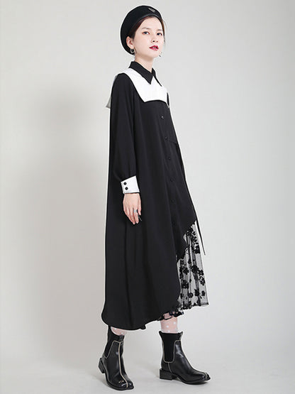 Original Irregular Split-Joint Buttoned Tied Lapel Collar Long Sleeves Midi Dress