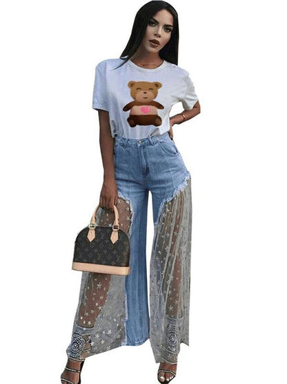 Mesh Stitched Fringed Wide-leg Jean Pants