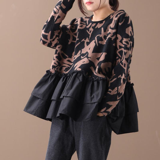 Buykud Agaric Lace Printed Spliced O-neck Blouse