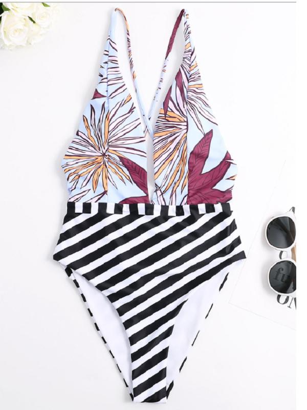 V-Neck Stripe Stitching Printing One-Piece Swimwear