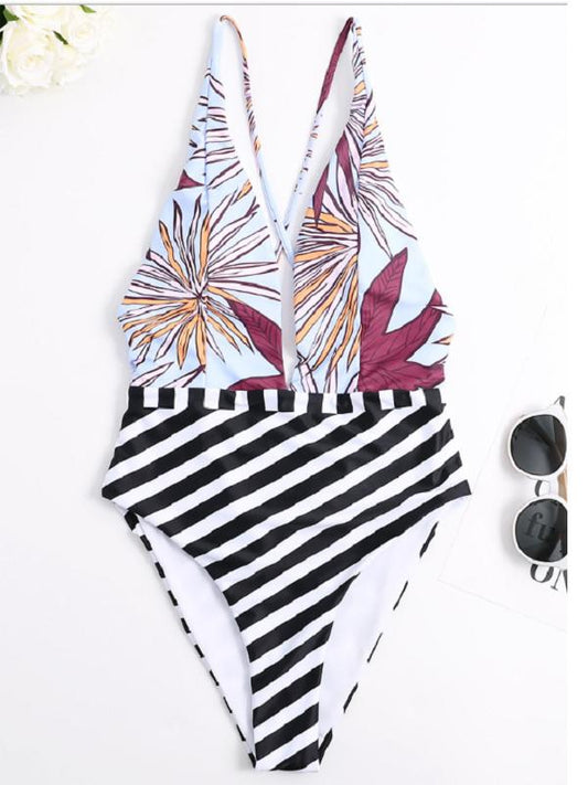 V-Neck Stripe Stitching Printing One-Piece Swimwear