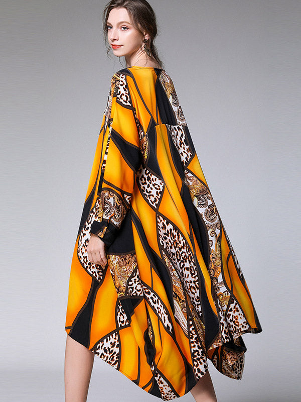 Casual Loose Split-Joint Contrast Color Leopard Floral Printed Lapel Collar Long Sleeves Midi Dress