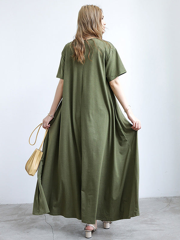 Simple Solid Color Oversized A-Line Round-Neck Short Sleeves Maxi Dress