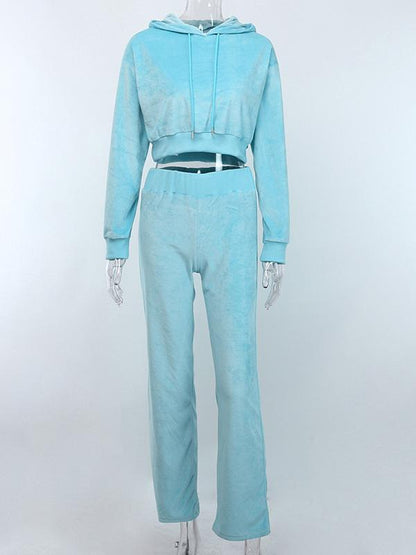 Solid Bare Midriff Hoodie&Pants Sports Suits