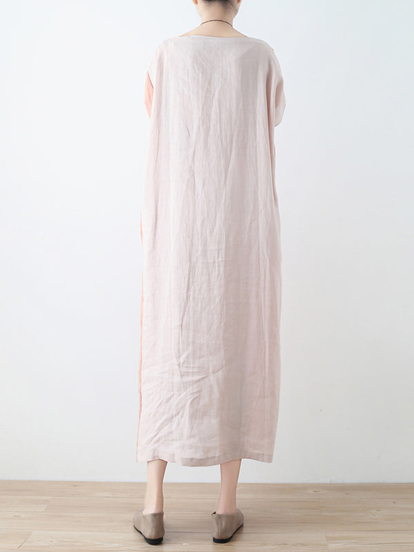 Original Linen Split-Joint Contrast Color Round-Neck Batwing Sleeve Midi Dress