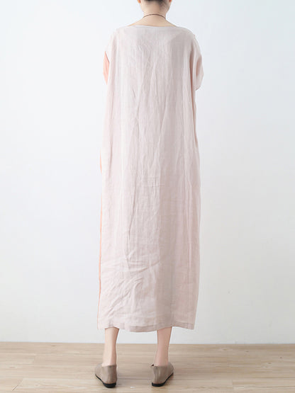 Original Linen Split-Joint Contrast Color Round-Neck Batwing Sleeve Midi Dress