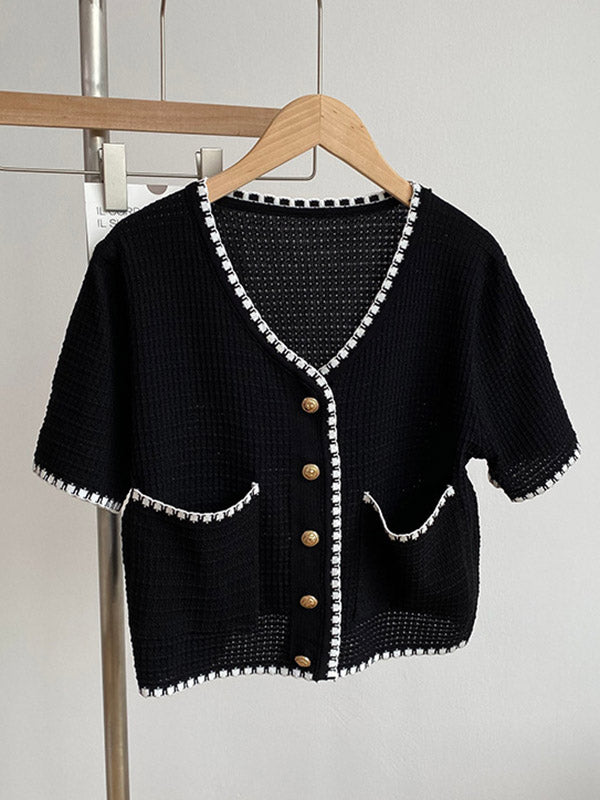 Casual Black&White V-Neck Short Sleeves Knitwear Cardigan