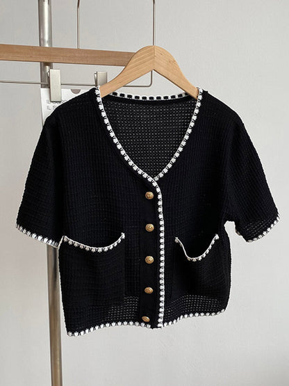Casual Black&White V-Neck Short Sleeves Knitwear Cardigan