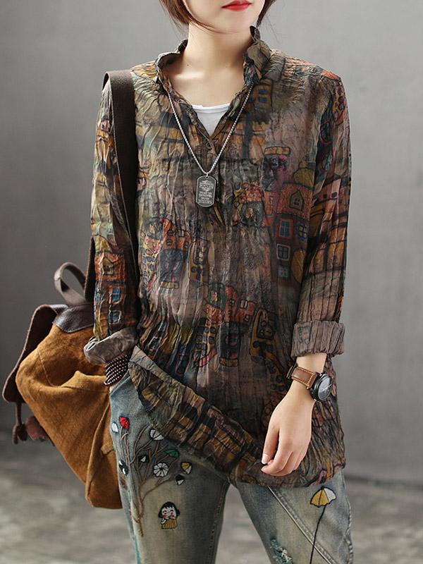 High-low Vintage Loose Printed Blouse Top