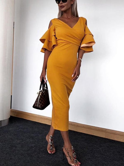 Simple 3 Colors V-neck Midi Dress
