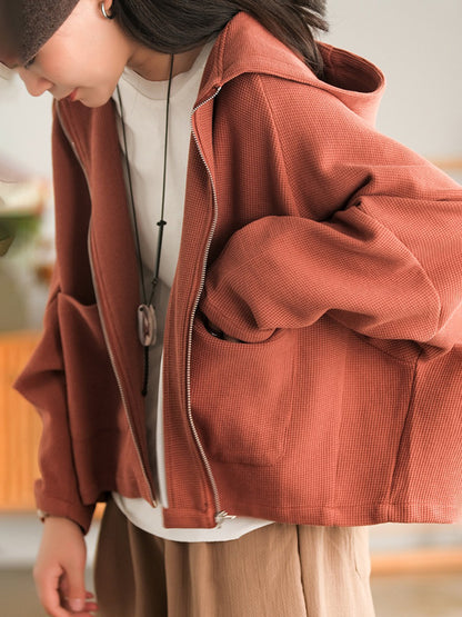 Casual Loose Solid Color Hooded Split-Joint Zipper Outerwear