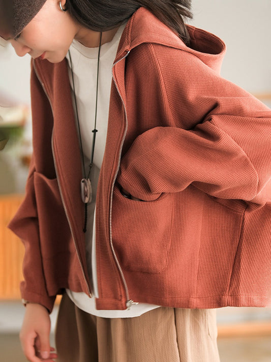 Casual Loose Solid Color Hooded Split-Joint Zipper Outerwear