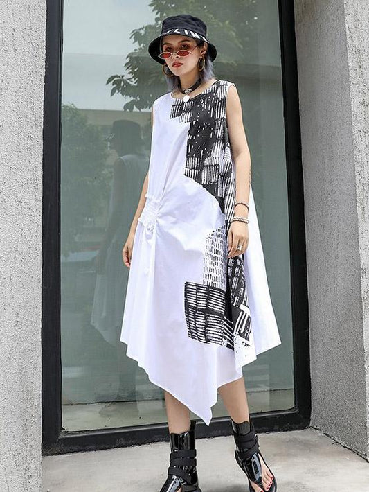 Asymmetric Printed Ruffled Sleeveless Dress