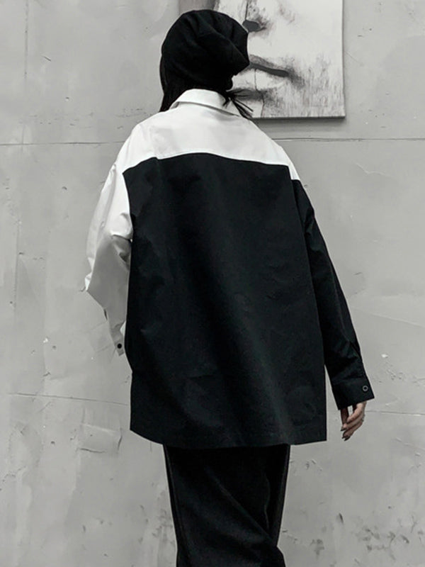 Stylish Contrast Color Split-Joint With Pocket Buttoned Lapel Color Long Sleeves Blouse