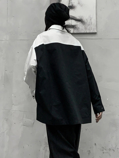 Stylish Contrast Color Split-Joint With Pocket Buttoned Lapel Color Long Sleeves Blouse
