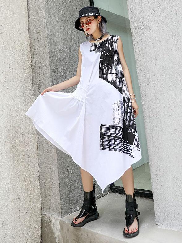 Asymmetric Printed Ruffled Sleeveless Dress