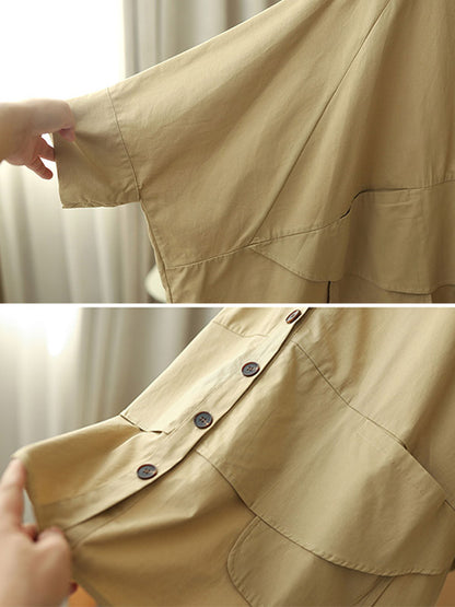 Urban Buttoned Solid Color Hooded Batwing Sleeve Loose Outerwear