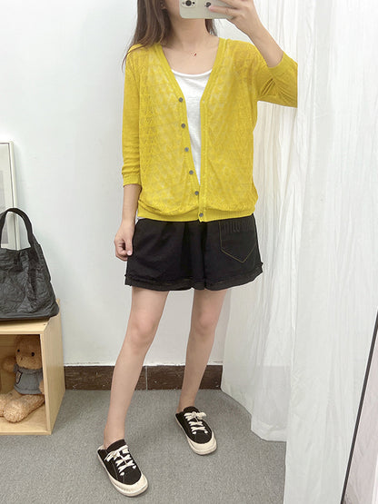 Loose Solid Color Linen Hollow Knitting Cardigan Top