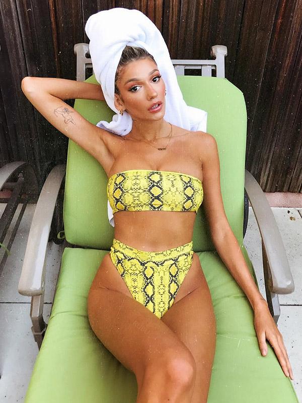 Snakeskin Print Top With High Cut Bikini Set