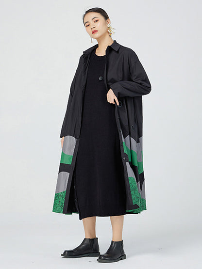 Original Buttoned Contrast Color Lapel Long Sleeves Midi Dress