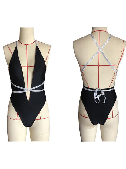 Plain Lace Up Backless One Piece Swimsuit