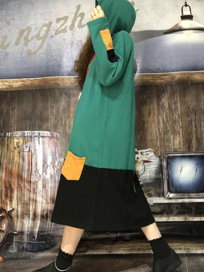 Buykud Color Block Spliced Hooded Loose Dress