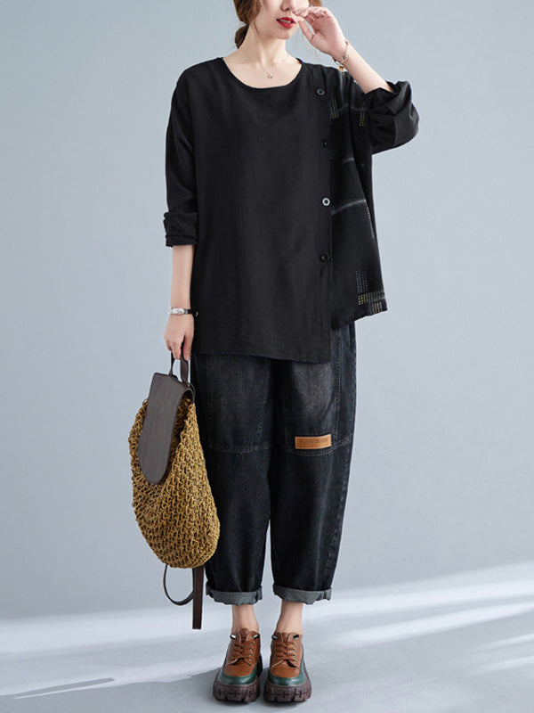 Casual Asymmetric Buttoned Round-Neck Long Sleeves T-Shirt Tops