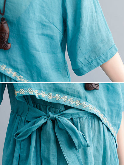 Artistic Retro Solid Color Split-Joint Pleated Tied Embroidered Half Sleeves V-Neck Midi Dress