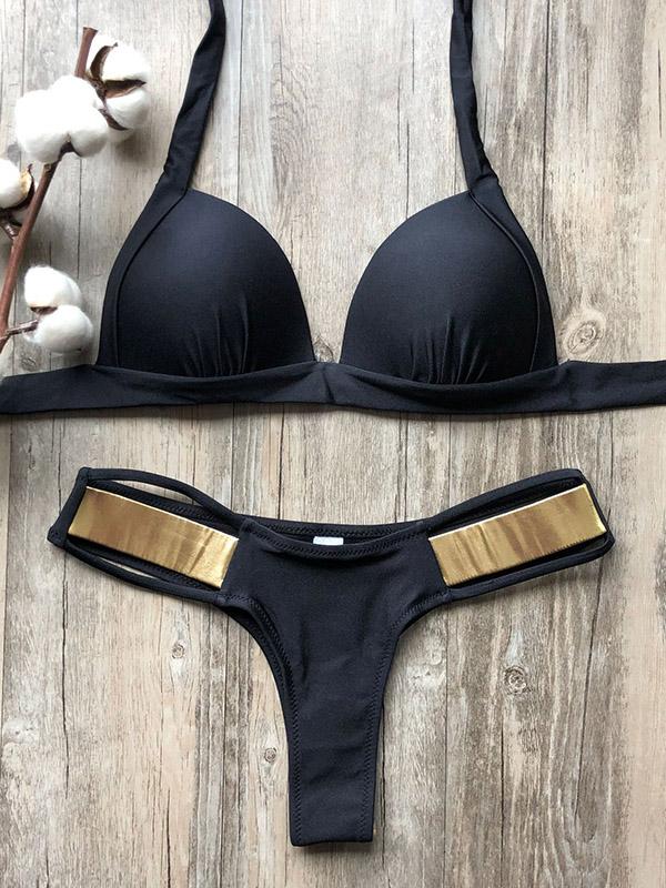 Solid Color Split-Joint Triangles Split Bikini Swimsuit