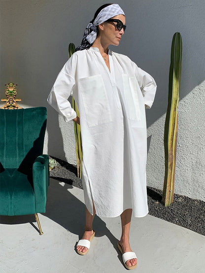 Loose Ramie Cotton Split-Side Long Sleeves V-Neck Midi Dress