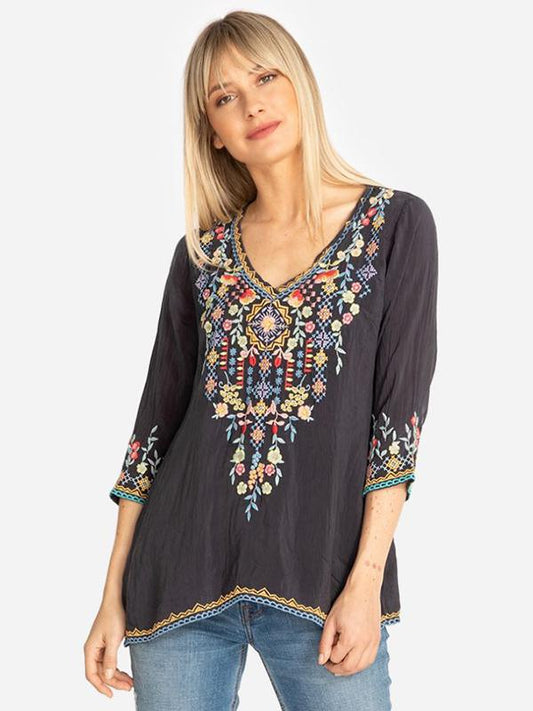 Exquisite Floral Embroidery Medium Sleeves Blouses