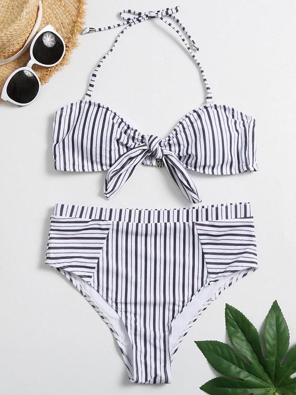 Striped-Print Knotted Split Bikini Swimsuit