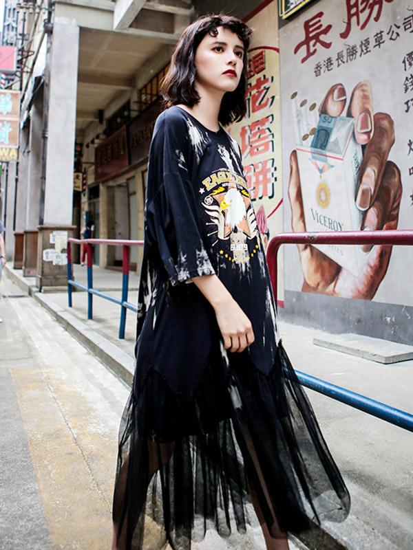 Mesh Split-joint Loose Printed Dress
