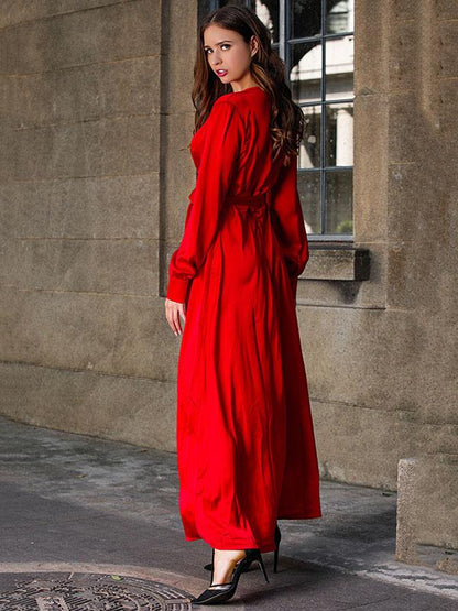 V-neck Long Sleeves Solid Color Belted Maxi Evening Dress