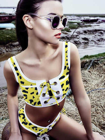 Contrast Lattice Bikini Swimsuit
