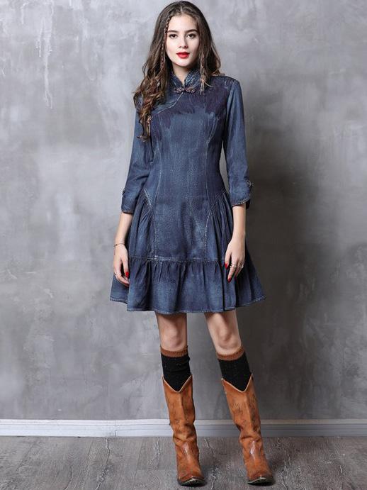 Vintage Falbala Short Cheongsams Denim Dress