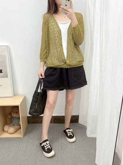 Loose Solid Color Linen Hollow Knitting Cardigan Top